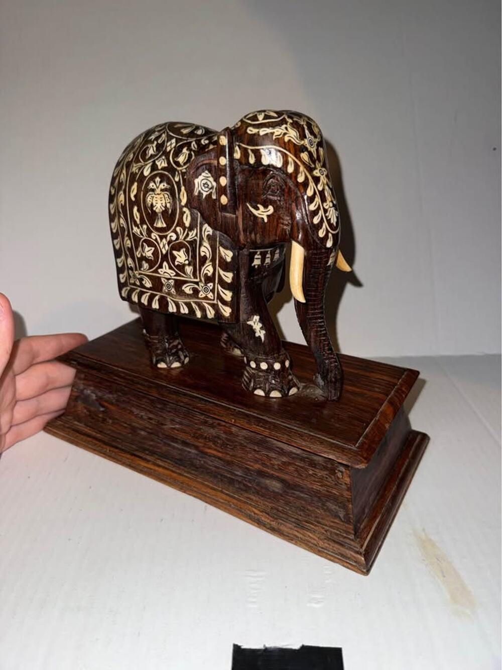 Carved Wooden Elephant Figurine with Inlay